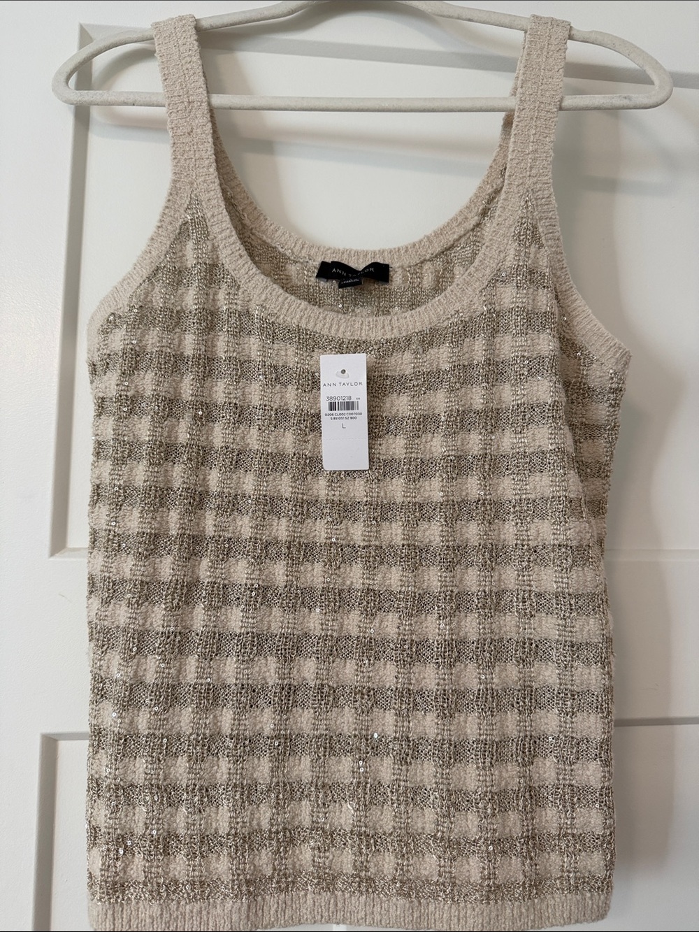 Ann Taylor Neutral Sparkle Check Knit Tank Top